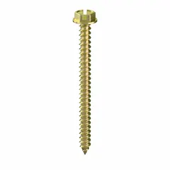 Hex washer head sheet metal screws with slotted drive, #8 thread size, 2 in length. Made of steel with zinc plating for corrosion resistance. Drive size 1/4 in. Pack of 250. Used for fastening sheet metal to metal framing in applications such as HVAC, ductwork, and general metal fabrication.