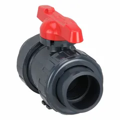 This ASAHI manual two-way ball valve features a 2-1/2 inch PVC straight body with socket x socket connections and a full port ball port in a tee configuration. It is used for on/off flow control in industrial piping systems handling corrosive fluids, providing minimal pressure drop and reliable shut-off.