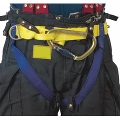 This GEMTOR harness is an NFPA Class II model constructed with nylon webbing and aluminum hardware. It features a yellow finish, pass-through leg strap buckles, and no back, front, or side D-rings. The waist adjusts from 30 to 44 inches. Suitable for fall arrest and rescue applications in industrial and fire-service settings where a Class II harness without D-rings is required.