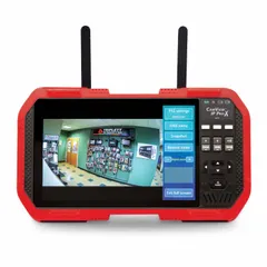 This BNC/RJ45 tester is designed for video transmission testing on network HD video surveillance systems. It features a 7-inch LCD touchscreen display and is compatible with TVI camera systems. The unit supports PTZ control test functionality for camera positioning verification.