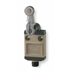 Roller lever plunger limit switch from the D4CC series with a 25 mm mounting hole and 50° vertical center-to-center distance. Electrical connection is via a 4-pin M12 connector. Used for position sensing and control in industrial automation systems, such as conveyors and packaging machinery.
