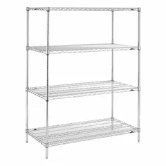 Stationary wire shelving unit for dry environments. Constructed of steel with a chrome finish in silver. Includes 4 shelves with split sleeve design. Overall height 63 inches, shelf size 36 by 18 inches. Suitable for organizing supplies in commercial kitchens, warehouses, and retail backrooms.