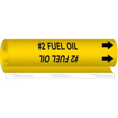 This wrap-around pipe marker identifies pipes carrying #2 fuel oil. It features a yellow background with black legend and directional arrows. Designed for pipe outer diameters from 2-1/2 to 7-7/8 inches. Suitable for use in industrial piping systems to indicate fuel oil lines.