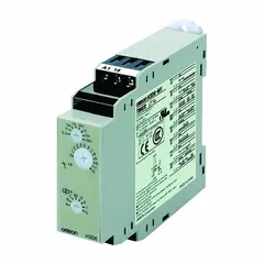 DIN-rail mounted timer relay with interval delay function. Accepts 24 to 240V AC/DC input. Contact rating: 5A at 250V AC (resistive load) and 10.00 mA at 5V DC. Timing range from 0.1 seconds to 1,200 hours. 9-pin/terminal configuration. Suitable for timing control in industrial automation and process control systems.