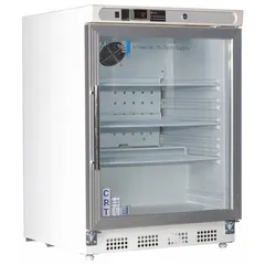 This cabinet maintains a controlled temperature range of 20°C to 25°C for storage of temperature-sensitive materials. It operates at 115 V and includes three shelves. The right-hinge door provides access, with overall dimensions of 23 3/4 in width and 25 1/2 in depth.