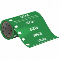 Green adhesive pipe markers with white 'Steam' legend and directional arrows, supplied on a roll of 30 markers. Designed for pipes with an outside diameter of 2 inches or smaller, these markers provide clear identification of steam lines in piping systems.