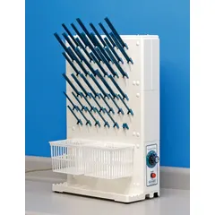 Benchtop electric drying rack made of ABS plastic. Features 4-inch pegs for drying glassware, instruments, and small parts. Overall dimensions: 16 3/4 in length, 7 1/2 in width. Designed for benchtop mounting in laboratory and cleanroom environments.