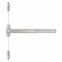 This surface vertical rod exit device features a lever touchbar in gray finish. It is designed for commercial doors requiring code-compliant egress, with vertical rods that latch at top and bottom for secure closure. The push bar allows quick exit by pressing. Not ligature-resistant