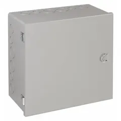 NEMA 1 steel indoor enclosure with hinged solid cover, painted finish, and clamps for closure. Measures 12 x 12 x 6 inches and includes knockouts. Suitable for housing electrical components, wiring, and controls in dry indoor environments to protect against dust and incidental contact.