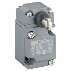 This top-mount roller-plunger limit switch features screw terminals for wiring. It is used for position sensing in automated industrial equipment, detecting the presence or absence of moving parts in applications such as conveyor systems, packaging machinery, and assembly lines.