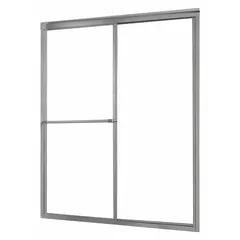 Double-sliding shower door with clear tempered glass panels. Overall height 70 inches, maximum door width 44 inches. Suitable for residential and light-commercial bathroom enclosures.
