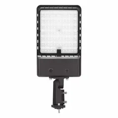 This LED fixture is designed for street and parking lot lighting applications. It offers three lumen output options (28,800 lm, 38,400 lm, or 48,000 lm) at 3000K color temperature. The fixture operates on 120 to 347V AC and features a bronze finish. Mounting options include pole, slipfitter, or knuckle mount for versatile installation.