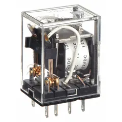 Socket-mounted plug-in relay from the MY Series with a square base and flat pins. DPDT contact arrangement rated at 5 A, operating at 12V DC. Features 8 quick-connect terminals and an operating current of 2 A at 220V AC for inductive loads. Used for signal switching and moderate power control in industrial control panels and automation systems.