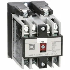 This SQUARE D surface-mounted relay features a 240V AC coil, 4 normally open contacts rated at 10 A, and a NEMA control relay design. Suitable for general-purpose switching in industrial control circuits, motor control, and automation panels.