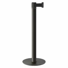 This steel retractable belt post barrier features a black post and base with a 10 ft long, 2 in wide black belt. The belt has no pattern or legend, providing a plain visual barrier. Typical applications include pedestrian traffic management, queue control, and area demarcation in industrial or public settings.