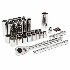 This 35-piece socket set includes SAE and metric sockets with 12-point and 6-point configurations, ranging from 3/8 in to 3/4 in. The set comes with a 3/8 in drive and drive tools, suitable for fastening and loosening bolts and nuts in automotive repair, equipment maintenance, and general mechanical work.