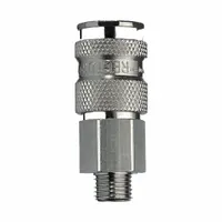 This brass quick-connect air coupling body features a ball-type locking mechanism for secure connections in pneumatic systems. It has a 3/8" male hose fitting with 3/8"-18 threads. Suitable for connecting tools and hoses in compressed air lines