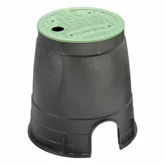 This round valve and meter box is made of black polyolefin, with a 6-inch diameter and 9-inch overall height. It accommodates pipe sizes of 2 3/4 inches by 2 1/4 inches. Designed for underground utility access, it protects water meters, valves, and irrigation components from soil and debris while providing ground-level access for maintenance.