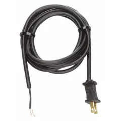 This general purpose power cord features a 1-15P plug and a bare wire receptacle for custom termination. The 8-foot length and 2/18 conductor configuration are suited for connecting equipment to standard outlets. The SJT jacket is made of PVC, and the cord is rated for 10 A current. Typical applications include powering industrial equipment, lighting, and small appliances where a bare wire connection is required.