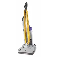 Standard bag vacuum with 100 cfm air flow and 18 lb weight. Includes two Intercept Micro Filter Bags and an onboard hose for above-floor cleaning. Features a mechanical clutch drive belt and single-position head height adjustment. Suitable for carpet and hard floor cleaning in commercial settings