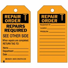 Rectangular polyester tag with black/orange matte finish, measuring 3 in wide by 5 3/4 in high. Suitable for indoor/outdoor use. Pack of 10. Used to identify equipment or assets awaiting repair in industrial facilities.