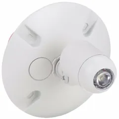 Wall-mounted LED remote head with white aluminum housing, rated for wet locations. Features one adjustable 2 W lamp operating at 4.8 V. Suitable for emergency lighting systems requiring directed illumination in outdoor or damp environments.