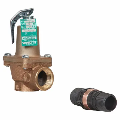 Watts Relief Valve: FNPTF x FNPTF, 2 in x 2 1/2 in, Iron - ASME Section XIII Hot Water Pressure Relief Valves