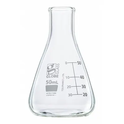 GLOBE SCIENTIFIC Erlenmeyer Flask: 50 mL, Colorless, Conical, A - Glass Erlenmeyer Flasks