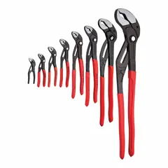 This set of tongue and groove pliers features a push-button adjustment mechanism for quick one-handed resizing. The curved jaw design provides a secure grip on round objects such as pipes and fittings. Overall length is 4 1/2 in with a maximum jaw opening of 4 3/4 in. Suitable for gripping, turning, and clamping in plumbing and mechanical assembly tasks.