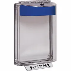 This polycarbonate wall fixture guard is designed for outdoor use with duplex plugs. It features a blue finish with a 'LIFT HERE' legend, flush mount, and IP56 water resistance. The guard helps protect the device against vandalism and accidental damage. Mounting hardware is included.