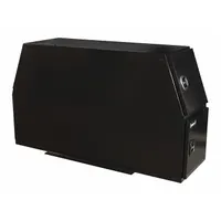 Steel four-door truck box with flat base, finished in black. Features T-handle compression latches and keyed locks for secure storage. Overall depth 24 inches, height 46 inches. Suitable for securing tools and equipment in truck beds during transport or on job sites