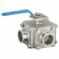 This VNE three-way ball valve features a T-port flow pattern and 316 stainless steel construction with 20 micron Ra surface finish. Rated for 1000 psi CWP, it includes a locking lever handle and side inlet connection. Suitable for sanitary applications requiring flow diversion or mixing.