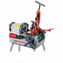 Portable pipe threading machine for on-site threading of pipes from 1/2 in to 4 in. Powered by a 1 1/2 hp motor. Includes three die sets. Suitable for plumbing, HVAC, and industrial piping applications.