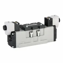 Four-way, three-position directional control valve with closed center and double solenoid configuration. Operates on 120V AC with internal pilot actuation. Used in industrial pneumatic systems to direct airflow to actuators or cylinders, providing precise mid-position blocking and solenoid return.