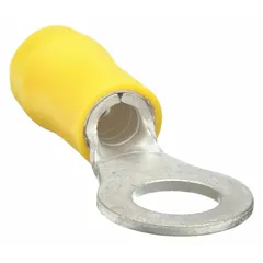 This ring terminal features a yellow vinyl insulation for abrasion resistance and dielectric protection. It is designed for #4 stud size, accepts 12 AWG to 10 AWG wire, and is rated for 600 V. Suitable for creating secure, vibration-resistant connections in control panels, motor connections, and power distribution systems.