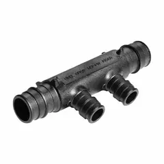 Polymer branch manifold with one inlet and two outlets, each 3/4 in. Rated for a maximum operating pressure of 73 psi. Used to split a supply line into two branches in hydronic heating and plumbing systems.
