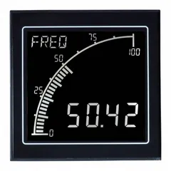 Frequency meter with red LCD display, 0.5% accuracy, True RMS AC magnitude calculation, and RS-485 interface. Features a 9,999 display span, NEMA 4 enclosure, and internal removable terminal blocks. Operates on 12 V AC to 24 V AC power. Suitable for measuring AC frequency in industrial control panels and automation systems.