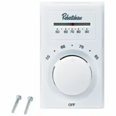 Analog thermostat for single-stage heat-only control. Features an exposed dial with temperature display for at-a-glance comfort viewing. DPST switch, open on rise, operates within 50° to 90°F range. Accepts 120 to 277V AC input. Suitable for electric heating systems in commercial or industrial spaces.