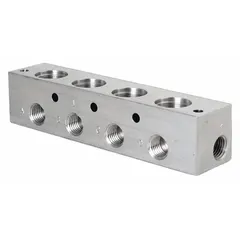 This solenoid valve block manifold from PARKER features two 1/4 in NPT inlets with NPT x NPT connections in an aluminum body. It is designed for distributing fluid or air in industrial pneumatic and hydraulic systems, providing a direct-mount solution for consolidating connections in machinery and automation.