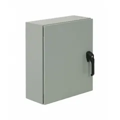This steel enclosure measures 24 x 16 x 8 inches and features a solid, hinged cover with a painted finish. Rated NEMA 12, 13, 3R, and 4, it provides protection against dust, falling dirt, rain, sleet, and hose-directed water for indoor or outdoor use. Knockouts are not included. Suitable for housing electrical controls and instrumentation in industrial washdown environments.