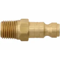 This brass quick-connect air coupling plug features a 1/4"-18 male thread and sleeve locking type. It is designed for connecting pneumatic tools and air lines in compressed air systems. The 1/4 in body size and 1/4 in hose fitting size make it suitable for general industrial and maintenance applications