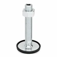 This non-skid male leveling mount features a 5/8"-11 threaded stud, a 2.36 in round base, and a load capacity of 2,248 lbf. It includes a rubber cap and a TPE thrust pad. Used for leveling and stabilizing machinery, conveyors, and workstations