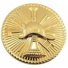 Gold metal rank insignia measuring 15/16 in, featuring a Scramble Fire Discs design. Attaches via clutch pin for secure fastening. Used to denote fire service rank on uniform collars or lapels.