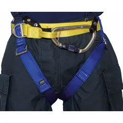 This GEMTOR Class II harness is constructed with yellow nylon webbing and aluminum hardware. It features pass-through leg strap buckles and no D-rings. Designed for rescue and confined-space applications, it meets NFPA 1893 standards. Waist size adjusts from 36 to 50 inches.
