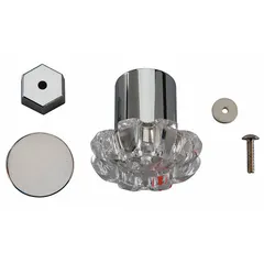 Replacement knob handle for Powers 420 Series faucets. Molded plastic construction with chrome finish. Includes inset. Suitable for hot and cold water applications.