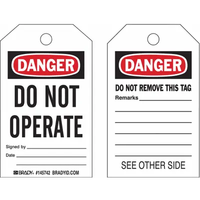 BRADY Danger Tag: Danger, Danger Do Not Operate, Polypropylene, Date/Remarks/Signed By - Safety