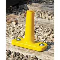 Fluorescent yellow railroad track clearance marker designed for bolt installation. Used to mark clearance points on rail sidings and yards, providing high-visibility indication to prevent equipment collisions