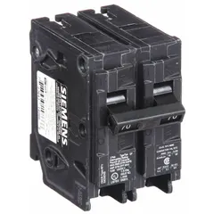The SIEMENS Q270 is a 70 amp, 2-pole miniature circuit breaker rated for 120/240V AC. It is a plug-in type breaker designed for overcurrent protection in branch circuits. Typical applications include residential and light commercial electrical systems where reliable circuit interruption is required.