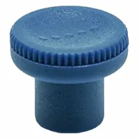 This metal-detectable knurled knob features a blue plastic body with a stainless steel thread insert, M8 thread, and 15 mm thread length. Designed for applications where contamination detection is required, such as in food processing, pharmaceutical, and packaging industries. The knurled surface provides secure grip for manual adjustment