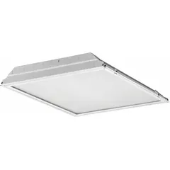 This 2 ft x 2 ft LED troffer delivers 3360 lumens at 3500K color temperature, consuming 28.6 watts. It operates on 120 to 277V AC and is designed for recessed ceiling installations in suspended grid ceilings, suitable for ambient lighting in commercial environments.